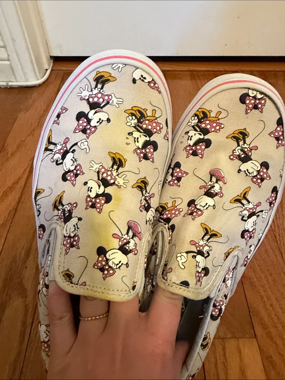 Vans Cream Slip-On Sneakers with Pink and Yellow Minnie Mouse Print Disney